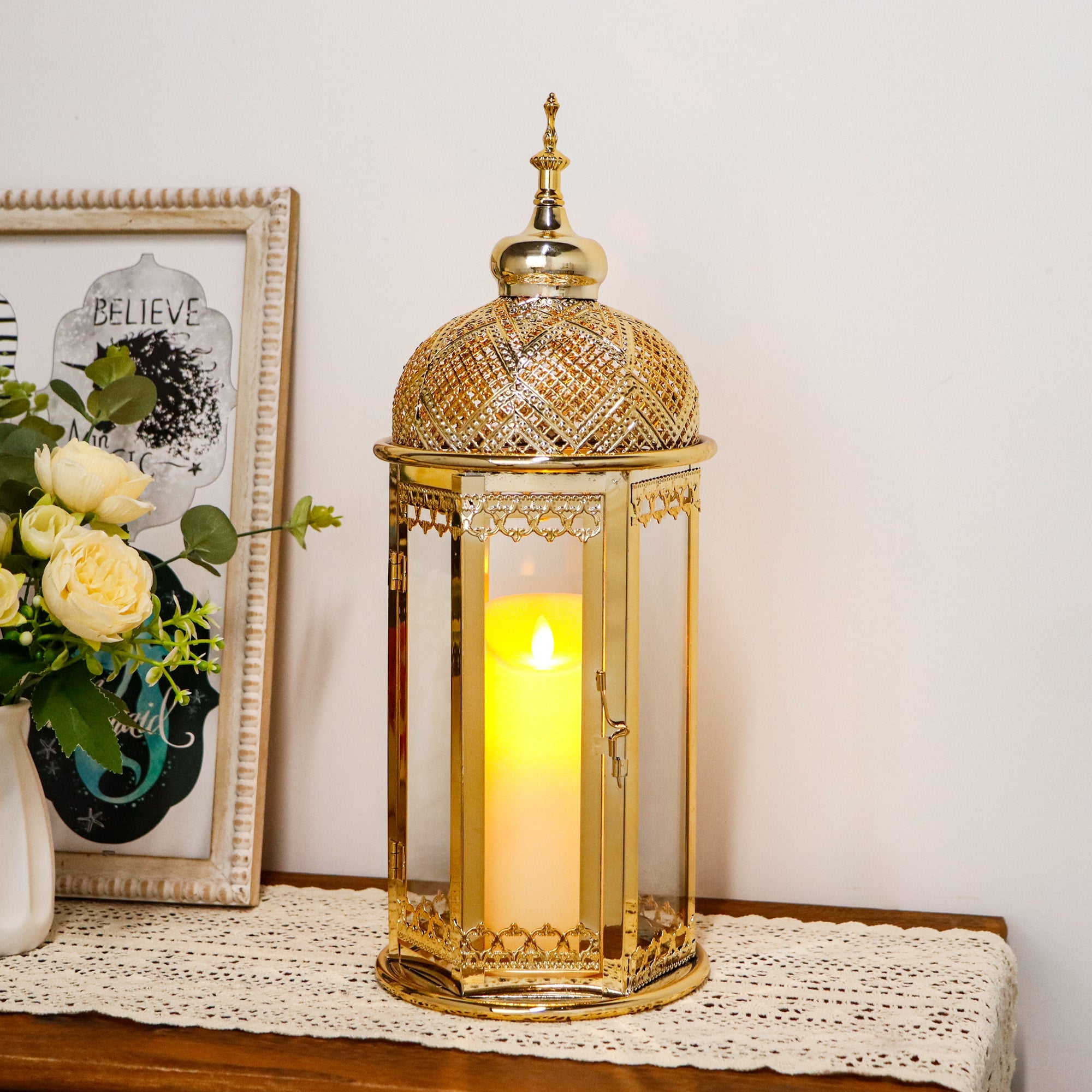 Moroccan Candle Lantern 17'' Gold Hexagonal Candle Holder